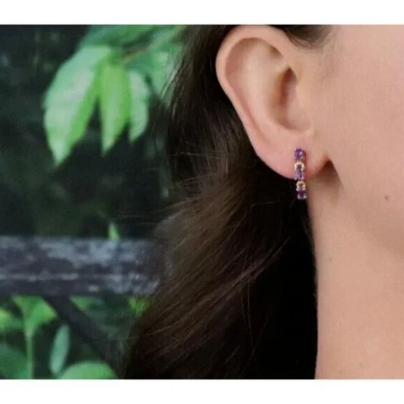 10k Yellow Gold Natural Amethyst Earrings Half Hoop - Picture 2 of 8